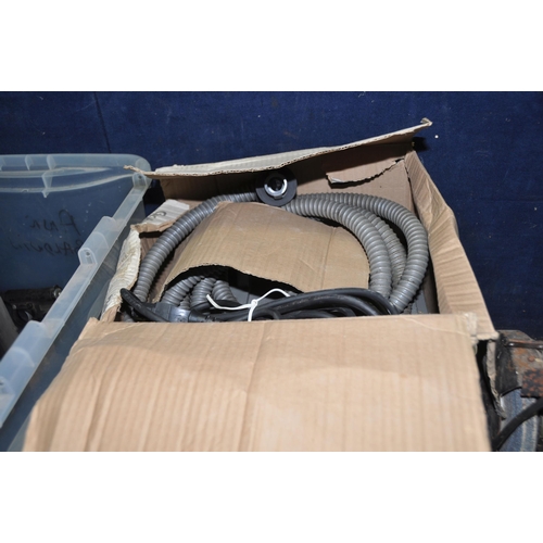 1067 - TWO BOXES CONTAINING POWER TOOLS including a Bosch circular saw, a Performance router, a Performance... 