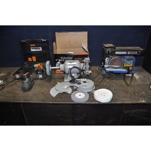 1068 - A WORX WX14DD 14.4V DRILL with case, two batteries and charger, an SIP bench grinder with polishing ... 