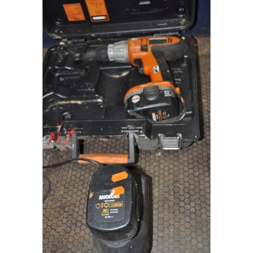 1068 - A WORX WX14DD 14.4V DRILL with case, two batteries and charger, an SIP bench grinder with polishing ... 