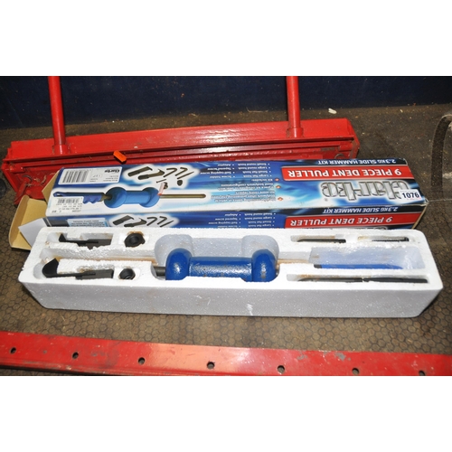 1076 - A CLARKE 9 PIECE DENT PULLER KIT IN ORIGINAL BOX, a Clarke sheet metal bender 24in width, a Clarke 8... 