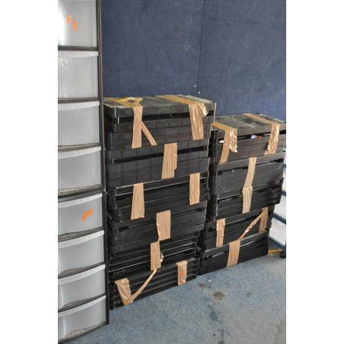 1090 - ELEVEN PLASTIC SHELVING UNITS with four levels and pipe work to each width 60cm depth 30cm, along wi... 