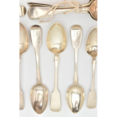 100 - ASSORTED SILVER TEASPOONS, fiddle pattern spoons, some with engraved monograms, each with a full sil... 