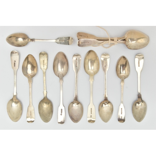 100 - ASSORTED SILVER TEASPOONS, fiddle pattern spoons, some with engraved monograms, each with a full sil... 