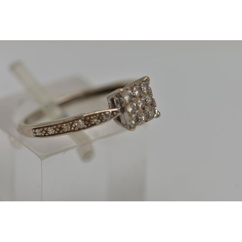 14 - A 9CT GOLD DIAMOND RING AND EARRINGS, the first a square form diamond set cluster ring, set with nin... 