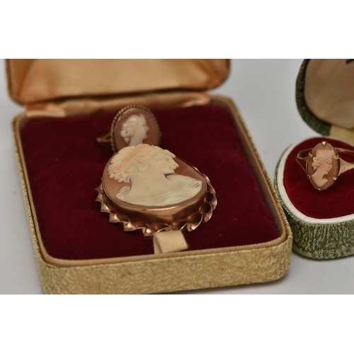 26 - TWO CAMEO RINGS AND A BROOCH, a shell cameo depicting the profile of a lady, collet set in yellow go... 