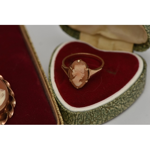 26 - TWO CAMEO RINGS AND A BROOCH, a shell cameo depicting the profile of a lady, collet set in yellow go... 