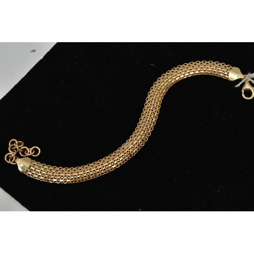 29 - A 9CT GOLD BRACELET, a mesh style bracelet, fitted with a lobster clasp and extender chain, approxim... 