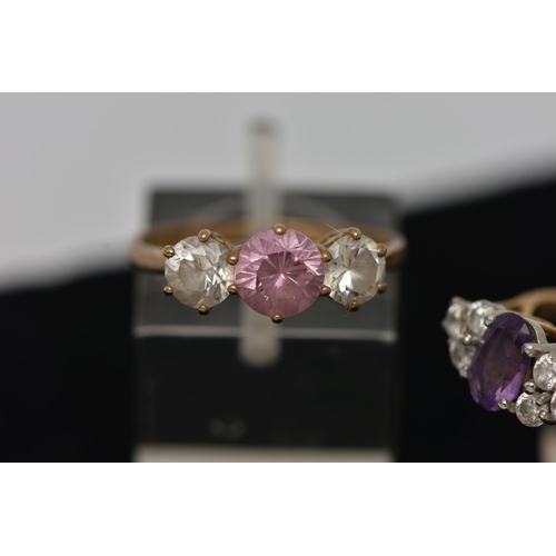 30 - AN ASSORTMENT OF JEWELLERY, to include an amethyst and cubic zirconia ring, hallmarked 9ct Birmingha... 