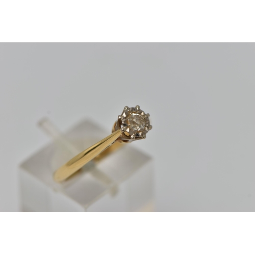 34 - AN 18CT GOLD DIAMOND SINGLE STONE RING, the old cut diamond in an illusion setting to the plain band... 