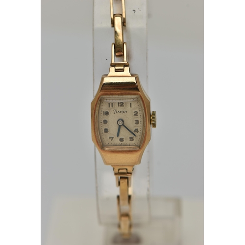 37 - A 9CT GOLD LADIES WRISTWATCH, hand wound movement, square dial signed 'Timor', Arabic numerals, yell... 