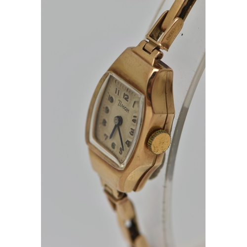 37 - A 9CT GOLD LADIES WRISTWATCH, hand wound movement, square dial signed 'Timor', Arabic numerals, yell... 
