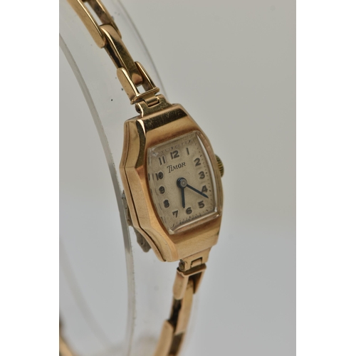 37 - A 9CT GOLD LADIES WRISTWATCH, hand wound movement, square dial signed 'Timor', Arabic numerals, yell... 