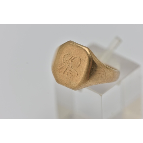 40 - A GENTS 9CT GOLD SIGNET RING, square form with cut off corners, engraved initials, to a polished ban... 