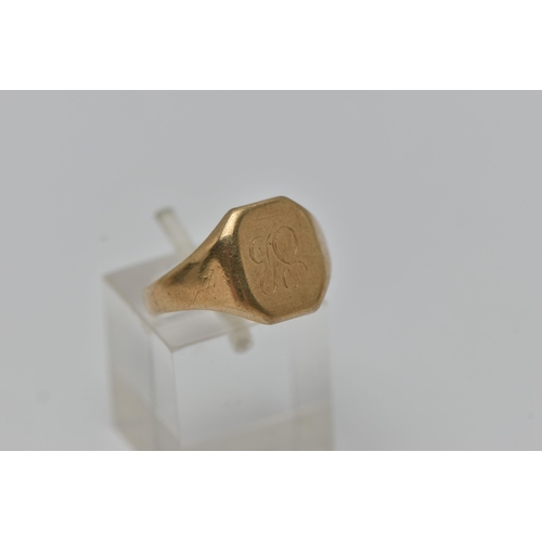 40 - A GENTS 9CT GOLD SIGNET RING, square form with cut off corners, engraved initials, to a polished ban... 