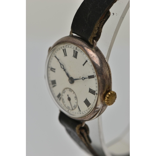 44 - A MID 20TH CENTURY SILVER WRISTWATCH, manual wind, round white Roman numeral dial, subsidiary dial a... 