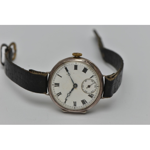 44 - A MID 20TH CENTURY SILVER WRISTWATCH, manual wind, round white Roman numeral dial, subsidiary dial a... 