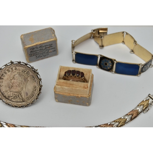 51 - AN ASSORTMENT OF JEWELLERY, to include a Scandinavian white metal and blue enamel bracelet with flor... 