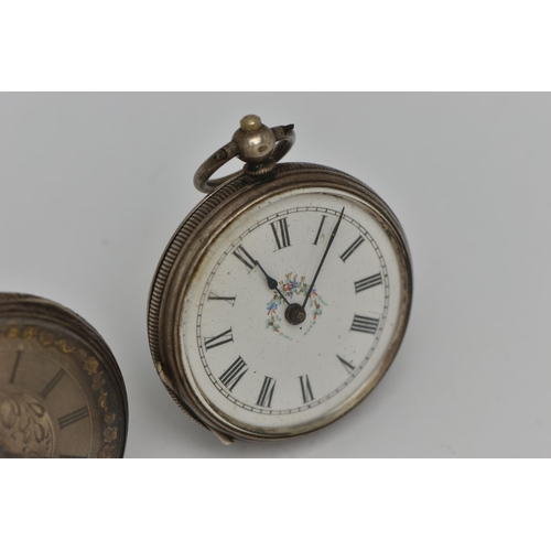 58 - TWO OPEN FACE POCKET WATCHES, both key wound, the first with a round silver dial, Roman numerals, bl... 