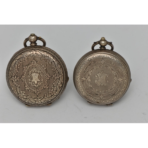 58 - TWO OPEN FACE POCKET WATCHES, both key wound, the first with a round silver dial, Roman numerals, bl... 