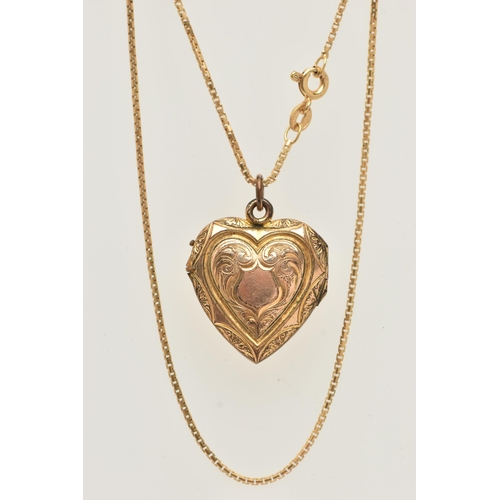 65 - A 9CT GOLD BOX LINK CHAIN AND A GOLD PLATED HEART LOCKET PENDANT, the chain fitted with a spring cla... 