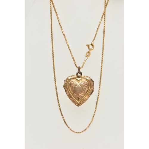 65 - A 9CT GOLD BOX LINK CHAIN AND A GOLD PLATED HEART LOCKET PENDANT, the chain fitted with a spring cla... 