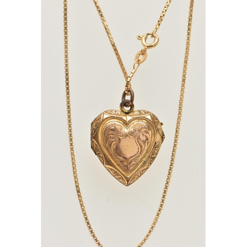 65 - A 9CT GOLD BOX LINK CHAIN AND A GOLD PLATED HEART LOCKET PENDANT, the chain fitted with a spring cla... 