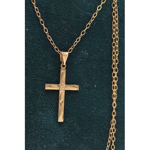 66 - A 9CT GOLD CROSS PENDANT WITH A YELLOW METAL CHAIN, AND A YELLOW METAL BAR BROOCH, the detailed cros... 