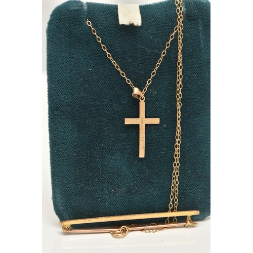 66 - A 9CT GOLD CROSS PENDANT WITH A YELLOW METAL CHAIN, AND A YELLOW METAL BAR BROOCH, the detailed cros... 