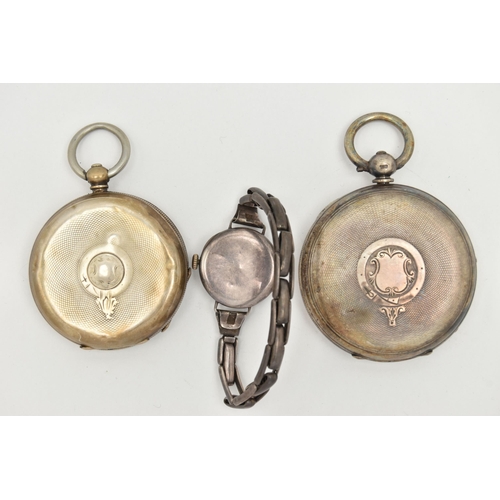 68 - TWO POCKET WATCHES AND A WRISTWATCH, the first an AF silver open face pocket watch, key wound, damag... 