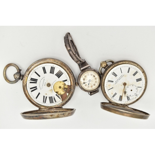 68 - TWO POCKET WATCHES AND A WRISTWATCH, the first an AF silver open face pocket watch, key wound, damag... 