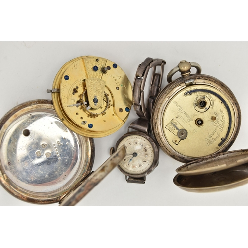 68 - TWO POCKET WATCHES AND A WRISTWATCH, the first an AF silver open face pocket watch, key wound, damag... 