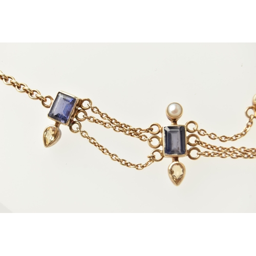 70 - A SILVER GILT GEM SET NECKLACE, the central panel set with a rectangular cut iolite, collet set with... 