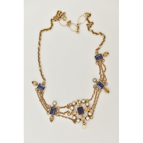 70 - A SILVER GILT GEM SET NECKLACE, the central panel set with a rectangular cut iolite, collet set with... 