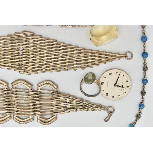 78 - A SELECTION OF JEWELLERY, to include a silver swivel fob, with silver hallmark, a Wedgwood ring, a c... 