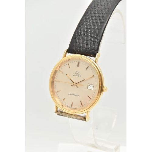 82 - AN 18CT GOLD OMEGA WRISTWATCH, the silver coloured dial, with black enamel gilt hourly applied marke... 