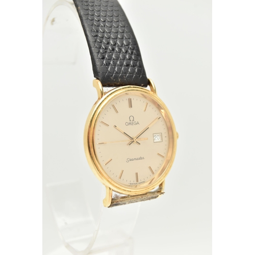 82 - AN 18CT GOLD OMEGA WRISTWATCH, the silver coloured dial, with black enamel gilt hourly applied marke... 