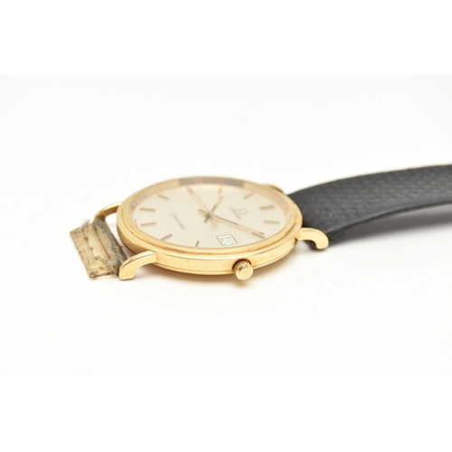 82 - AN 18CT GOLD OMEGA WRISTWATCH, the silver coloured dial, with black enamel gilt hourly applied marke... 