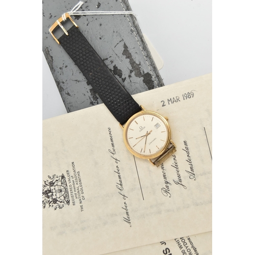 82 - AN 18CT GOLD OMEGA WRISTWATCH, the silver coloured dial, with black enamel gilt hourly applied marke... 