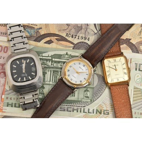 84 - A SELECTION OF FOUR WATCHES, TWO SILVER NAPKIN RINGS AND BANK NOTES, to include a Rotary automatic w... 