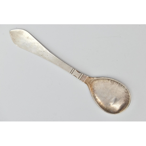 90 - A GEORG JENSEN SILVER SPOON, of simple design with tapered handle and four banded lines, Georg Jense... 