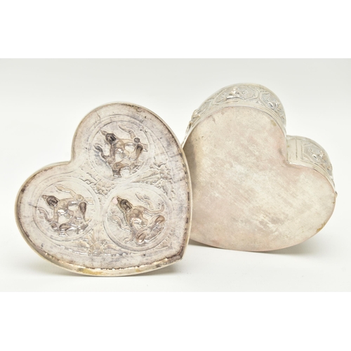 92 - A HEART SHAPED INDIAN TRINKET BOX, with embossed seated deity figures to the lid and sides, unmarked... 