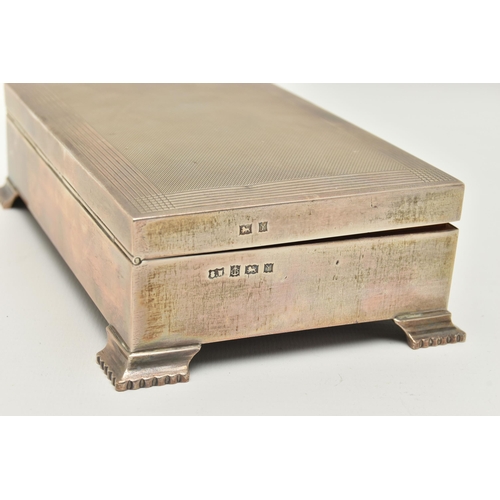 97 - AN ELIZABETH II SILVER CIGARETTE BOX, of a rectangular form, engine turned pattern to the lid, woode... 