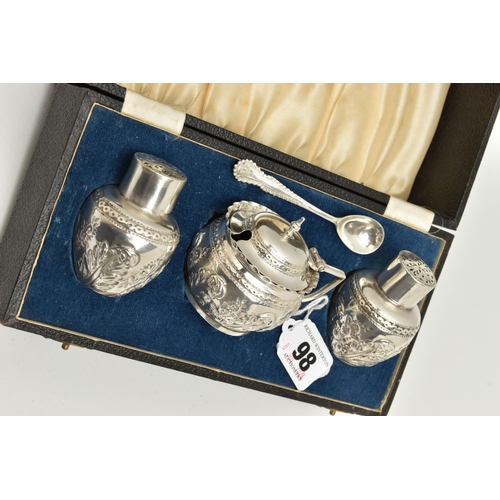 98 - A BOXED LATE VICOTRIAN THREE PIECE CONDIMENT SET, comprising of a salt and pepper pot and a mustard,... 