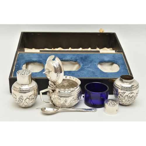 98 - A BOXED LATE VICOTRIAN THREE PIECE CONDIMENT SET, comprising of a salt and pepper pot and a mustard,... 