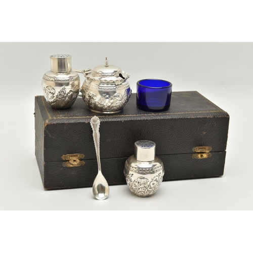 98 - A BOXED LATE VICOTRIAN THREE PIECE CONDIMENT SET, comprising of a salt and pepper pot and a mustard,... 