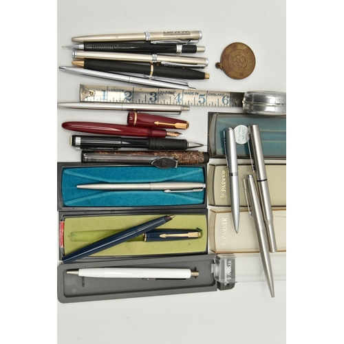 104 - A BOX OF ASSORTED PENS, to include two 'Parker' fountain pens, nib stamped 14k, together with a 'Swa... 