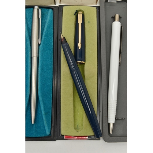 104 - A BOX OF ASSORTED PENS, to include two 'Parker' fountain pens, nib stamped 14k, together with a 'Swa... 