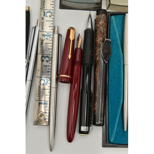 104 - A BOX OF ASSORTED PENS, to include two 'Parker' fountain pens, nib stamped 14k, together with a 'Swa... 