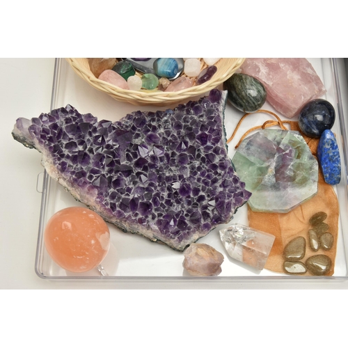 107 - A LARGE ASSORTMENT OF MINERAL SPECIMENS, to include a amethyst geode, a small citirine geode, polish... 