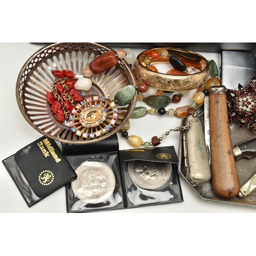 108 - A BOX OF ASSORTED ITEMS, to include a silver bonbon dish with pierced rim, hallmarked Birmingham, ru... 